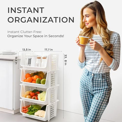 Large Stackable Storage Bins Open Front for Pantry Storage, 4 Pack - White | Sturdy Plastic, Easy Stacking, Open Front Access, Ventilated Sides, Vertical & Space Saving Pantry Organizers and Storage Bin