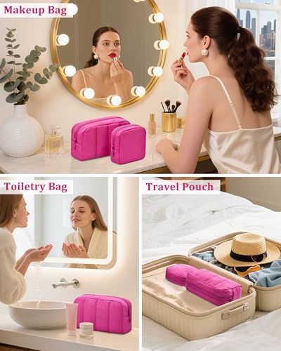 oscaurt 2 Pcs Makeup Bag Travel Toiletry Bag for Women Puffy Padded Cosmetic Pouch Purse Wide-open Makeup Organizer Case Travel Essentials - color: Rose-Set