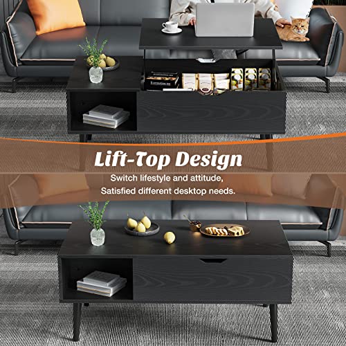 Sweetcrispy Lift Top Coffee Table Black for Living Room, Small Rising Wooden Dining Center Tables with Storage Shelf and Hidden Compartment