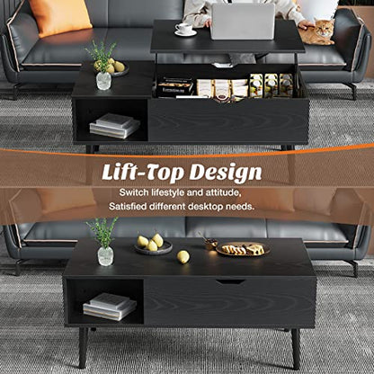 Sweetcrispy Lift Top Coffee Table Black for Living Room, Small Rising Wooden Dining Center Tables with Storage Shelf and Hidden Compartment