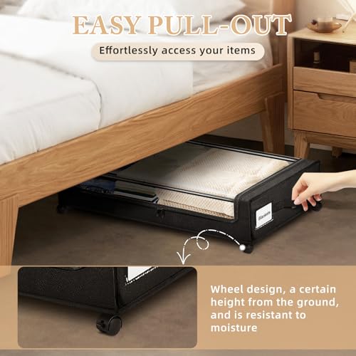 Under Bed Storage with Wheels 2-Pack，Under Bed Storage Containers XXL，Underbed Shoes Storage with Clear Lid,Rolling UnderBed Metal Drawer for Clothes Blankets Easy Pull-out Black