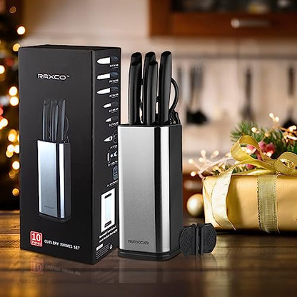 RAXCO Knife Set,10-Piece Stainless Steel Kitchen Knife Set with Block,Black | Compact Small Countertop Holder,Pro-Sharpened Stainless Steel Chef Knives, Space Saving Knife Set for RV & Apartment - color: BK