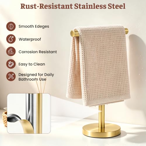 Hand Towel Holder Stand for Bathroom Countertop in Stainless Steel | Weighted base keeps towels stable and doubles as a display stand for jewelry, watches and hair accessories. - color: Golden-2 Pack
