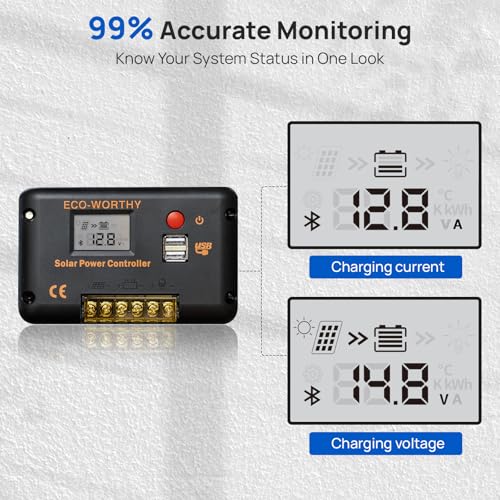 ECO-WORTHY 30A Solar Charger Controller Bluetooth,Solar Panel Battery Intelligent Regulator with Dual USB Ports Auto 12/24V PWM Negative Ground for Lithium,Lead-Acid,Gel Battery - style: 30A (Bluetooth)