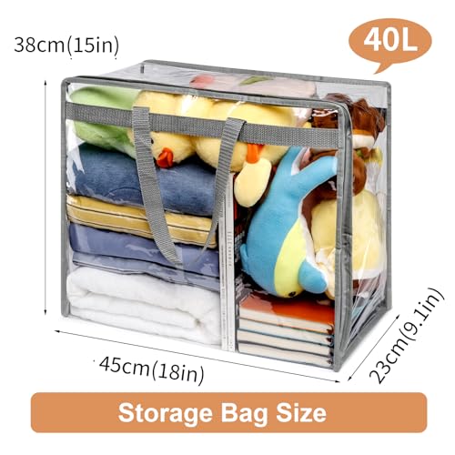 4 Pack Clear Zippered Storage Bags for clothes - 40L Waterproof PVC Bags for Comforter, Blanket, Bedding, Linen, Duvet, Stuffed Animals, Extra Large Toy Storage Bag, Closet Organizer Bag (Grey)
