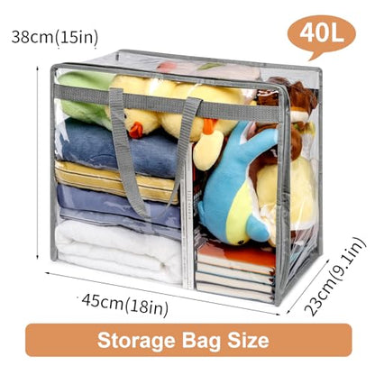 4 Pack Clear Zippered Storage Bags for clothes - 40L Waterproof PVC Bags for Comforter, Blanket, Bedding, Linen, Duvet, Stuffed Animals, Extra Large Toy Storage Bag, Closet Organizer Bag (Grey)