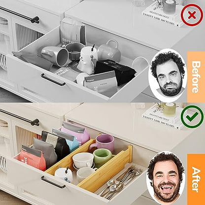 BAMEOS Bamboo Expandable Drawer Dividers – Fits 16.65"–22" Drawers, 4" Extra Deep Walls, Set of 4 | Maximum-Height Spring-Loaded Organizer for Deep Kitchen, Bathroom & Dresser Drawers - size: 4''H, 16.65''-22''L