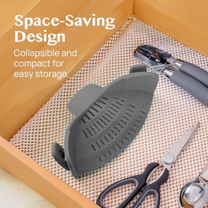 Kitchen Gizmo Snap N' Strain - Silicone Pasta Strainer Clip-On for Pots and Pans - Heat Resistant Colander for Vegetables and Noodles - Kitchen Gadgets for Cooking - Space-Saving Design - Gray - color: Gray