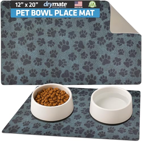 Drymate Pet Bowl Placemat, Dog & Cat Food Feeding Mats, 12x20, Paw Black | Absorbent Fabric, Waterproof Backing, Slip-Resistant, Machine Washable, Contains Spills & Mess, Protects Floors, USA Made - color: Paw Dots Black, size: 20"L x 12"W