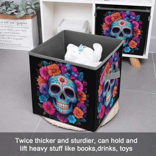 Sugar Skull Flowers Foldable Storage Box with Handle Organizer Containers for Home Office Clothes Office Supplies - color: style-7