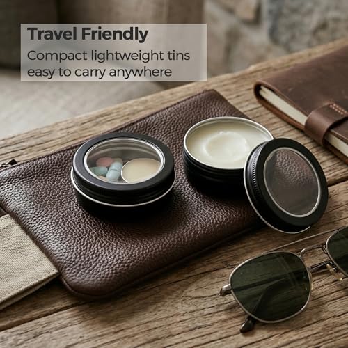 2 oz (60ml) Black Aluminum Tins with Clear Lids and Labels, 24 Pack | Clear View Lid, Secure Packaging, Tight Screw Lids, Includes Blank Labels, 11 Color Options - color: Black
