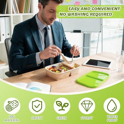 8 Pack 32oz Paper Lunch Box Bento Boxes, 2-Compartment Food Storage Containers with Lids, Leakproof Soak-Proof and Microwave Safe, Disposable To Go Boxes for Picnics, Offices, Catering, Green Lid - color: Green