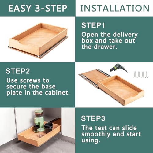 Pull Out Drawers for Kitchen Cabinets, Pull Out Cabinet Organizer, Fully Assembled Wood Cabinet Pull Out Drawer, Fast and Easy DIY Installation, 11”W x 21”D - size: 11”W x 21”D