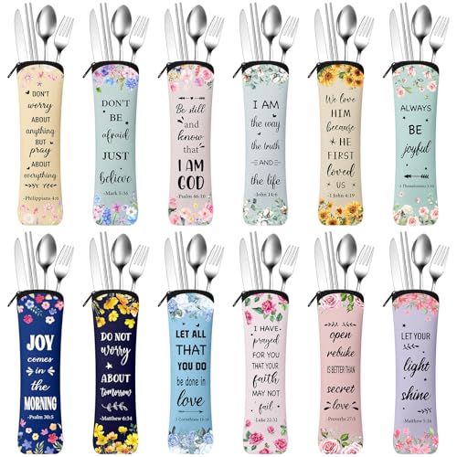 Hushee 12 Set Christian Travel Cutlery Set Bible Verse Reusable Utensils Sets with Case Inspirational Religious Christian Flatware for Women Mother Church Gifts(Charming,Floral) - color: Floral, style: Charming