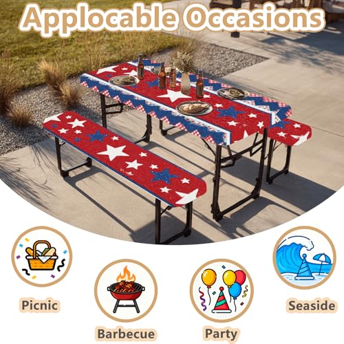 Picnic Table Cover with Bench Covers Elastic Edges, Outdoor Patio Camping Essentials 72 Inch 3PCS, Waterproof Camping Fitted Tablecloth with Handbags (Red White Blue Star Stripe) - color: American Elements, size: 72" x 30" (Rectangular)