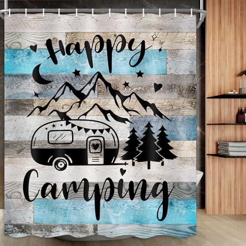 RV Shower Curtain for Bathroom, Happy Camping Shower Curtain Blue Gray Barn Door Bathroom Curtains, Rustic Wood Bath Curtain Decor Waterproof Travel Camping Shower Curtain Set with 12 Hooks 70X90 Inch - size: 70"W x 90"L (Pack of 1)