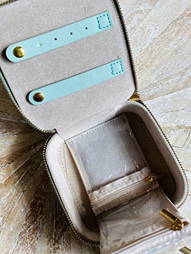 Hives and Honey Vida Velvet Jewelry Travel Case, Compact Organizer with Ring Rolls, Compartments & Pouch, Anti-Tarnish Felt Lining, Gold Zipper Hardware, Aqua