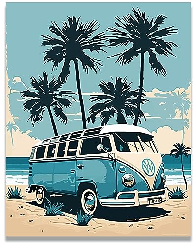 Inspirational Wall Art Co. - Blue VW Retro Volkswagen Poster - Vintage Beach Surf Poster - 11x14 Inches Unframed - color: Tropics