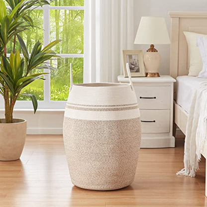 OIAHOMY Laundry Hamper Woven Cotton Rope Large Clothes Hamper 25.6" Height Tall Laundry Basket with Extended Cotton Handles for Storage Clothes Toys in Bedroom, Bathroom, Foldable (Yellow variegated) - color: Yellow variegated