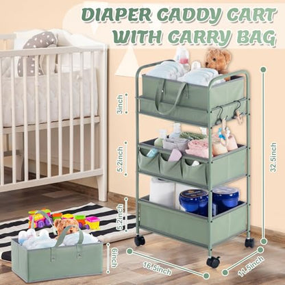 Honeydak 2in1 Baby Diaper Caddy Organizer Cart 3 Tier Large Capacity Metal Utility Bedside Rolling Cart with Divider Newborn Registry Nursery Essential Must Have Crib Bedroom Baby Shower(Green) - color: Green
