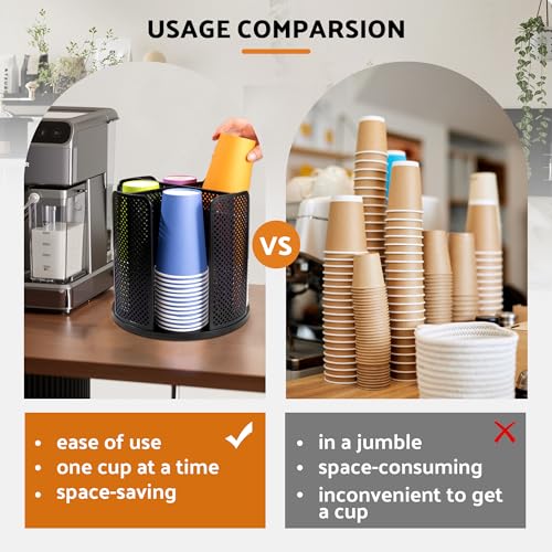 Rotating Paper Cup Dispenser, Cup Holder with 4 Compartments, Disposable Coffee Cup Dispenser Removable, Plastic Cup Storage & Lid Holder for Countertops, Kitchen, Coffee Stations (Black) - color: Black