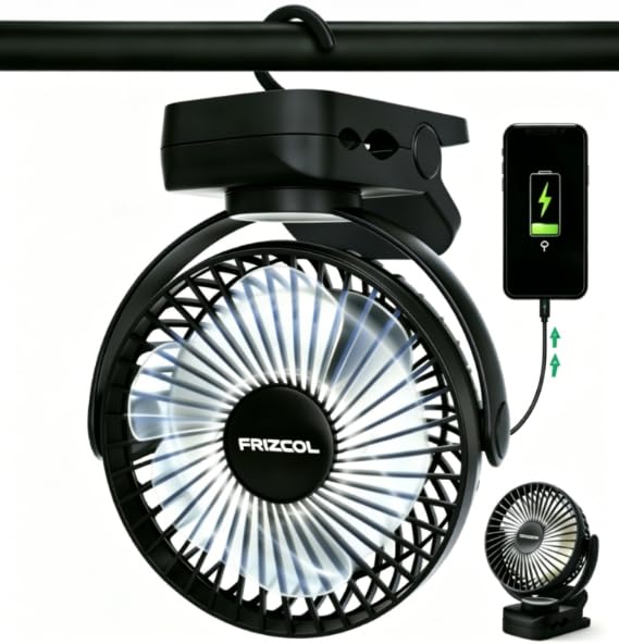 Clip on Fan 65 Hours Portable Desk Fan Rechargeable with LED Lights & Hooks 12000 Capacity Battery Operated Fan with Clips Small Desk Fan Mini Fans for Tents Travel Outdoor Camping Golf Cart, Black - color: Black