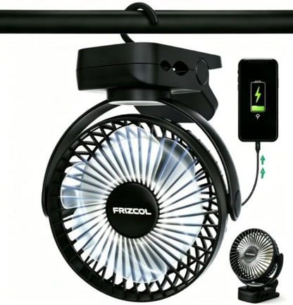 Clip on Fan 65 Hours Portable Desk Fan Rechargeable with LED Lights & Hooks 12000 Capacity Battery Operated Fan with Clips Small Desk Fan Mini Fans for Tents Travel Outdoor Camping Golf Cart, Black - color: Black