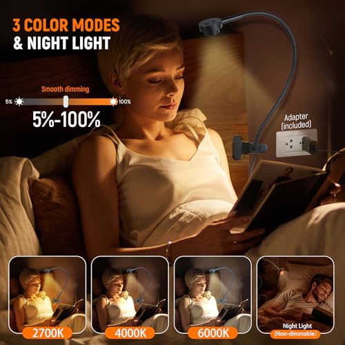 Flexible Clip On Light Bedside, Reading Lights for Books in Bed,3 Color Dimmable Bed Lamps for Headboard, Bendable All Metal Head Switch CRI 95 LED, Adapter Included - color: Clip On Base