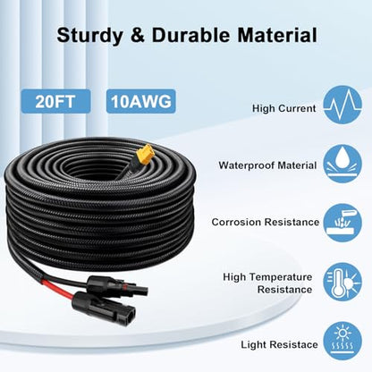 MOOKEERF Solar to XT60 Cable 10AWG 20FT Solar Connector to XT60 Adapter Cable for Solar Panel to Battery RV Portable Power Station Solar Generator - 20 Foot - size: 20FT