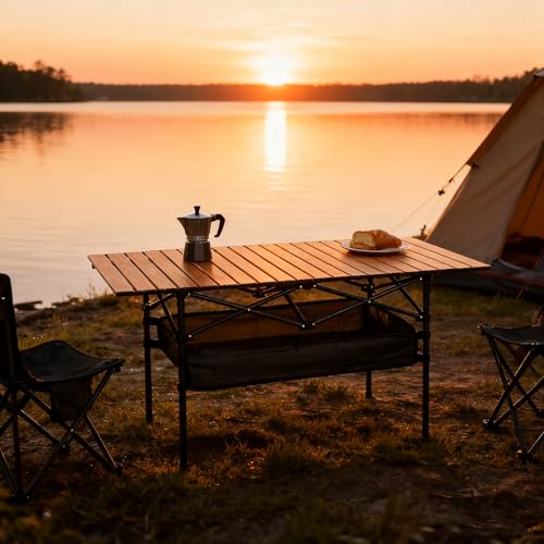 Outdoor Folding Table, Built-in Storage & Carry Bag | Ultralight 7.93LBS, 225LBS Heavy Duty, Aluminum Top, Carbon Steel Frame, for Camping, Picnic, Beach, BBQ - color: Wood