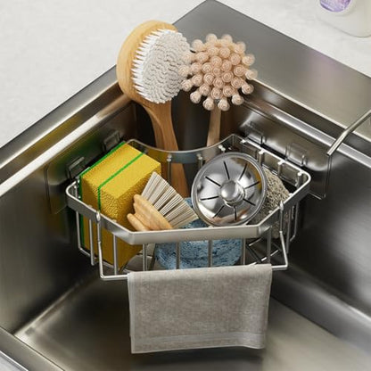 Sink Organizer, Silver Stainless Steel Sponge Holder with Towel Bar, Self-Adhesive Kitchen Storage Rack，Suitable for right-angle sinks