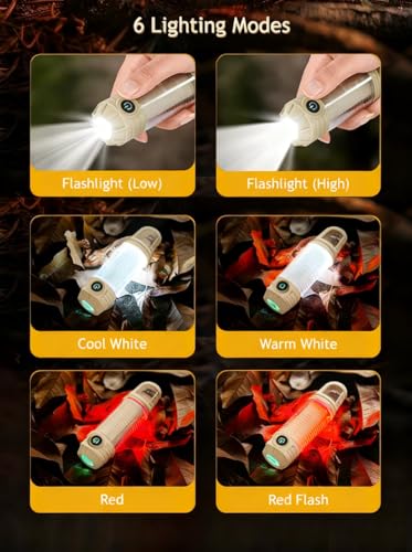 Flamix 2-in-1 LED Camping Lanterns and flashlights for Hurricane, Hiking, Home, Emergency, Rechargeable Camping Lantern with 6 Lighting Modes, IPX4 Waterproof, Compact Design, One-Hand Hold,Beige