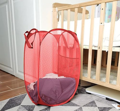 Larpur Popup Mesh Laundry Basket, Collapsible and Portable Clothes Washing Laundry Hamper with Reinforced Carry Handle (Red) - color: Red