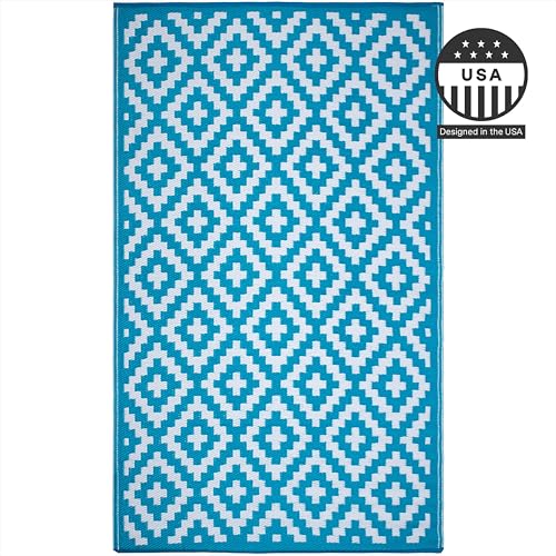 FH Home Outdoor Rug - Waterproof, Fade Resistant, Reversible - Premium Recycled Plastic - Geometric - Large Patio, Deck, Sunroom, Camping, RV - Aztec - Teal & White Crease Free - 6 x 9 ft - color: Aztec - Teal & White, size: 6' x 9' (Rectangular)