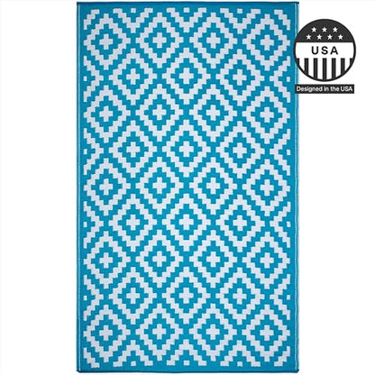 FH Home Outdoor Rug - Waterproof, Fade Resistant, Reversible - Premium Recycled Plastic - Geometric - Large Patio, Deck, Sunroom, Camping, RV - Aztec - Teal & White Crease Free - 6 x 9 ft - color: Aztec - Teal & White, size: 6' x 9' (Rectangular)