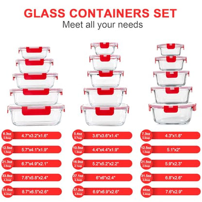 KOMUEE 30 Pieces Glass Food Storage Containers Set, Meal Prep Containers Set with Snap Locking Lids, Airtight Glass Lunch Containers, Microwave, Oven, Freezer & Dishwasher, Red - color: Red