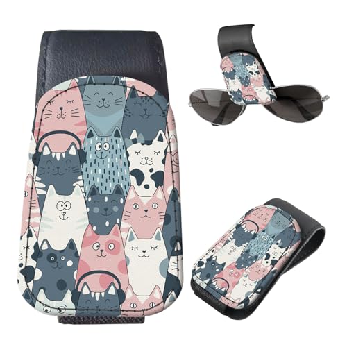 Sunglasses Holder for Car Visor, PU Leather Glasses Clip Organizer, Cute Magnetic Eyeglass Holder for Vehicle Sun Visor, Car Interior Accessory for Women & Men Cute Cat Faces - color: Cute Cat Faces