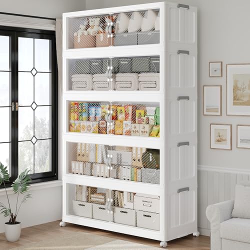 75GAL/300QT Plastic Storage Bins with Lids & Wheels, Collapsible Stackable Storage Boxes, Large Folding Cabinet Organizers for Closet Home Kitchen Office, 5Pack White - color: White, size: 15Gal-5Pack