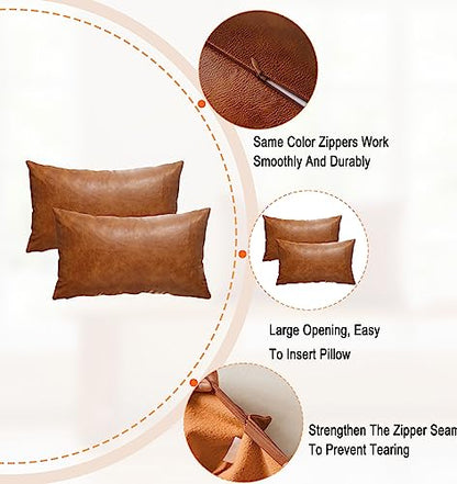 12X20 Inch Brown Faux Leather Throw Pillow Covers Set of 2 Modern Farmhouse Solid Outdoor Lumbar Boho Cognac Pillow Covers for Room Couch Living Bedroom Bed Sofa Decorative - size: 20" x 12" (Pack of 2)