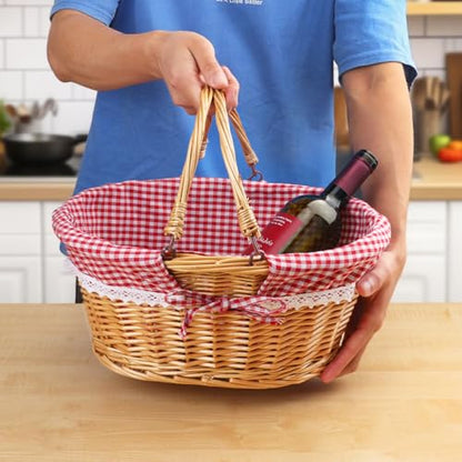 GNIEMCKIN 1 Pack 14 Inch Wicker Basket with Handle, Wicker Picnic Baskets with Checkered Liner, Oval Willow Woven Basket for Fruit, Wine, Wedding, Picnic - size: 1 Pack 14 Inch