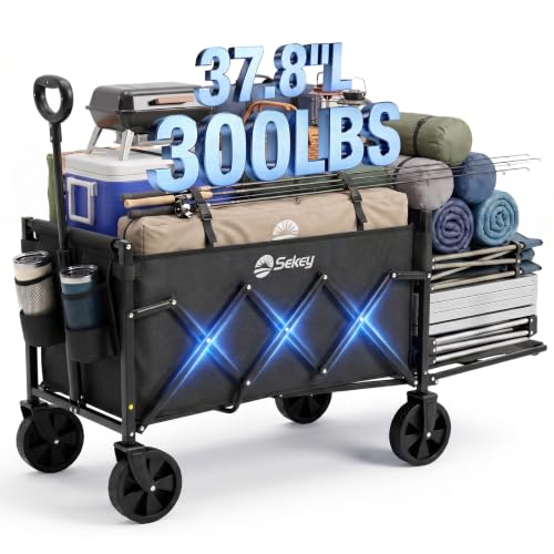 Sekey Collapsible Wagon Cart with Drop-Down Tailgate, 300 lb Capacity - color: Black, size: 300 lbs