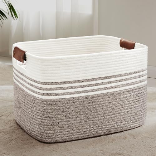 86L Extra Large Laundry Basket with Leather Handles for Living Room Storage, Woven Rope Baskets for Blanket, Kids Toy, Gifts, Wicker Hamper for Bedroom Dirty Clothes, 24"x16"x14" Dark Brown - color: Dark Brown, size: 86L