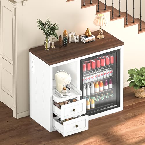 47.2" Coffee Bar Cabinet with Fridge Space, Farmhouse Mini Fridge Cabinet with Power Outlets and Storage Drawers, Wine Bar Cabinet with Sliding Shelf for Kitchen Dining Room, White - color: White, size: 23" D x 47" W x 40" H