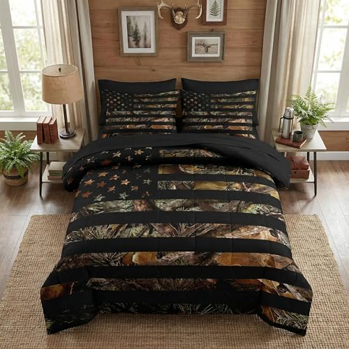 Nesker 5 Pcs Comforter Set Twin Size, Camo Hunting Bedding Set for Kids and Adults, Black White Patriotic American Bed Sheet Sets with Fitted Sheet Pillowcase & Sham - color: Flag, size: Twin