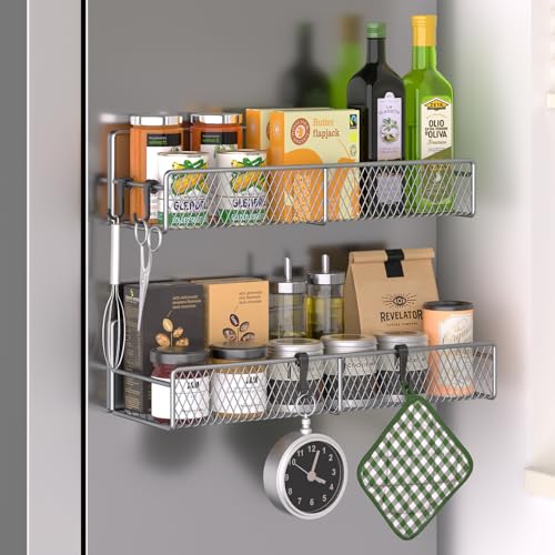 Magnetic Spice Rack for Refrigerator, 2 Pack Metal Magnetic Shelf Grey, Moveable Spice Organizer with Hooks, Super Magnetic Fridge Shelf for Kitchen Organization and Storage - color: Grey, style: 2 Pack
