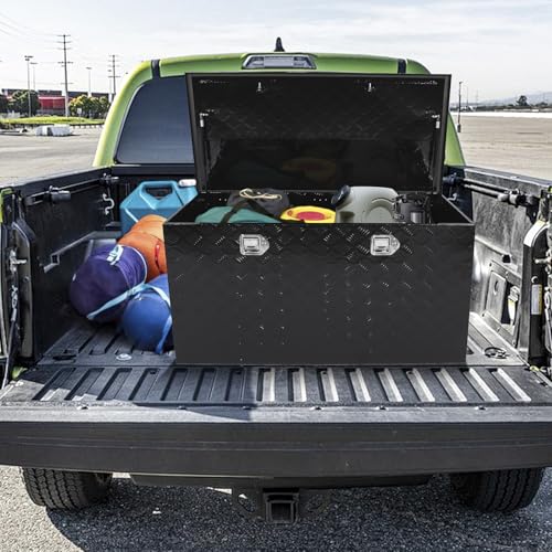 Black 48 Inch Truck Chest Tool box Heavy Duty Aluminum Stripes Plated Pick Up Truck Bed Box RV Trailer Toolbox Storage Waterproof with Side Handle and Lock Keys –48"x24"x24" - color: Black, size: 48"x24"x24"