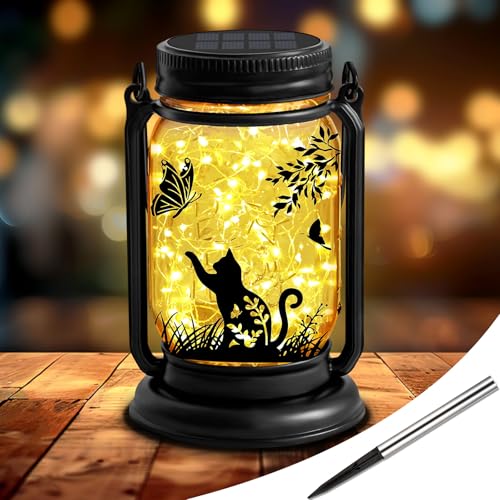 ANGMLN Cat Solar Lanterns 3-in-1 Outdoor Waterproof - Birthday Gifts for Cat Lovers Women Mom Christmas, Mason Jar Hanging Lanterns with Stake, Garden Decor Lights for Patio Yard Balcony Decorations - style: Cat