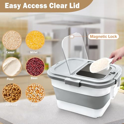 Komzon Rice Storage Container, Collapsible Airtight Food Storage Containers 6-20 Lbs, Rice Dispenser Bin with Cup and Scoop for Flour Cereal Pasta Grain, Cat Bird Pet Dog Food Storage Container - size: 6-20 Lbs