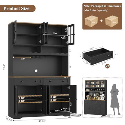 HOSTACK 75.4" Tall Kitchen Pantry Cabinet with Charging Station, Modern White Kitchen Hutch with Microwave Stand and Wine Rack, Large Food Pantry Storage Cabinet with Glass Doors and Drawers, Black - color: Black