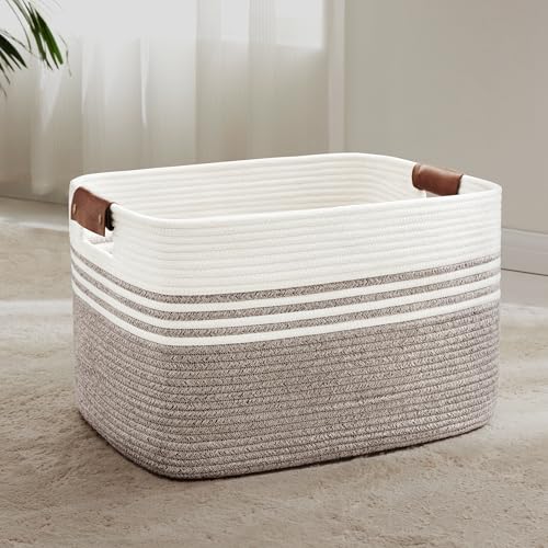 72L Large Laundry Basket with Leather Handles for Living Room Storage, Woven Rope Baskets Bin for Blanket, Kids Toy, Gifts, Wicker Hamper for Bedroom Dirty Clothes, 22"x17"x12" Dark Brown - color: Dark Brown, size: 72L